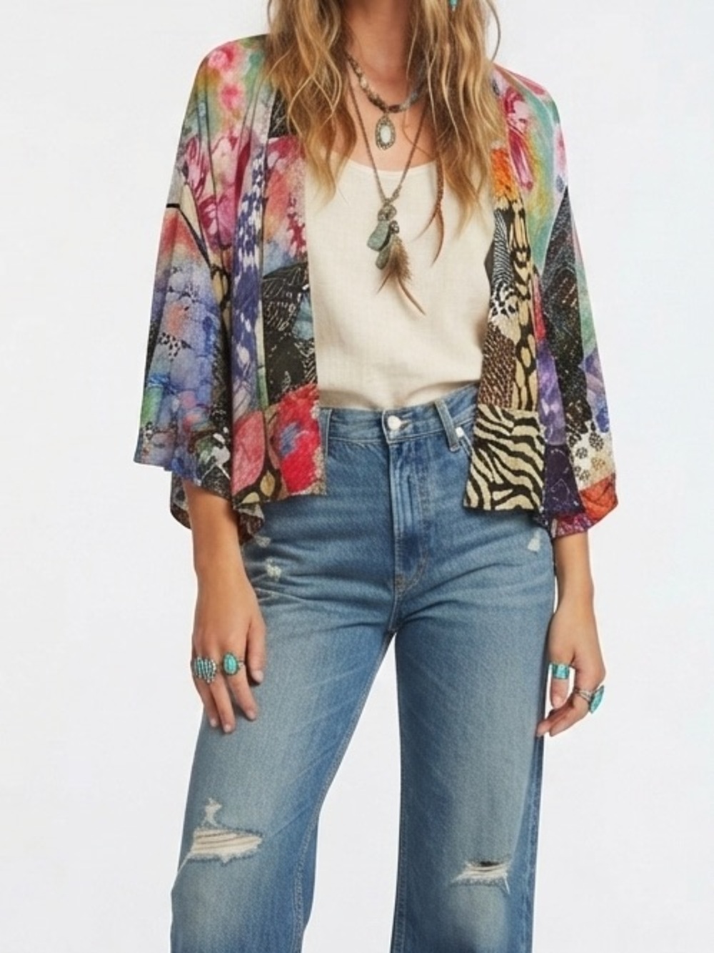Young Threads Bohemian Colorful Patchwork Cropped Kimono Jacket with Pockets EUC